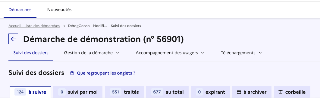 Différents onglets répartissant les dossiers d’une démarche